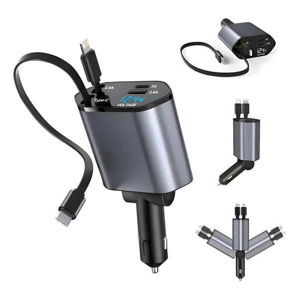 Cargador Auto 120w Usb De 2 Cables Retractil Carga Rapida Gris