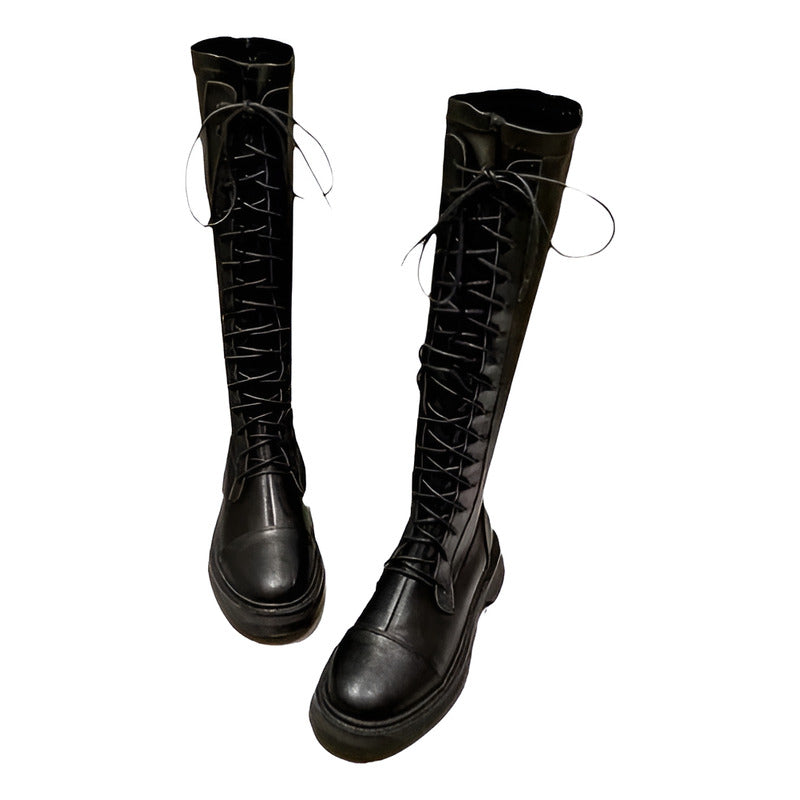 Botas De Planas Tipo Cuero De Moda Con Agujetas Para Mujer Negro . 38
