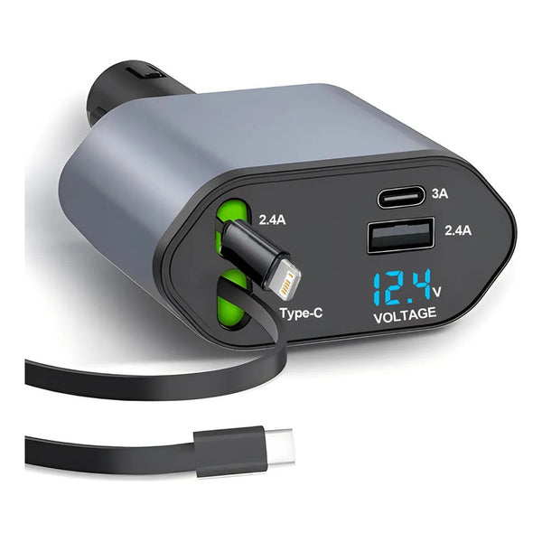 Cargador Auto 120w Usb De 2 Cables Retractil Carga Rapida Gris