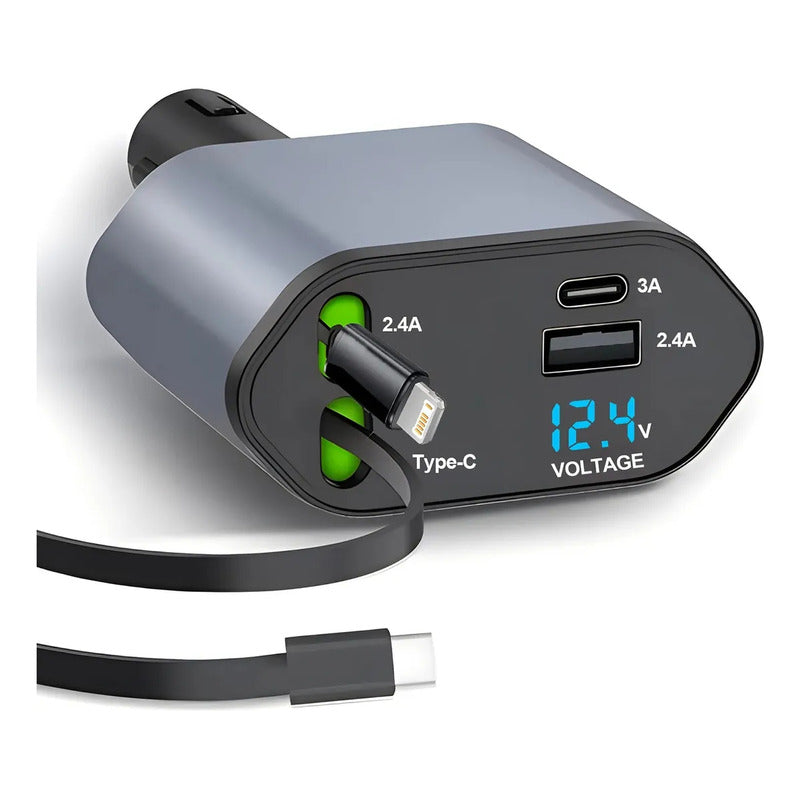 Cargador Auto 120w Usb De 2 Cables Retractil Carga Rapida Gris