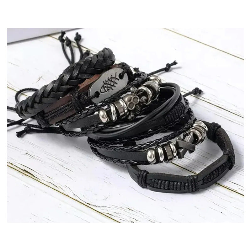6pcs Pulsera Brazalete Cuero Hombre Mujer Trenzado Ajustable Negro 0 Mm 0 Mm