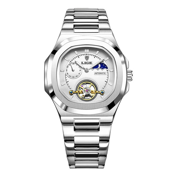Reloj Automático Hombre Acero Inoxidable Fase Lunar Abierto Negro Plateado Blanco 