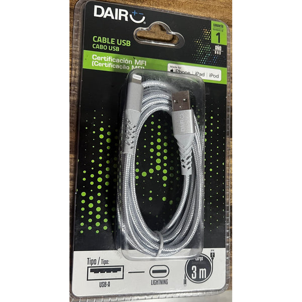 Cable Usb Lightning Silver 3 Metros Dairu