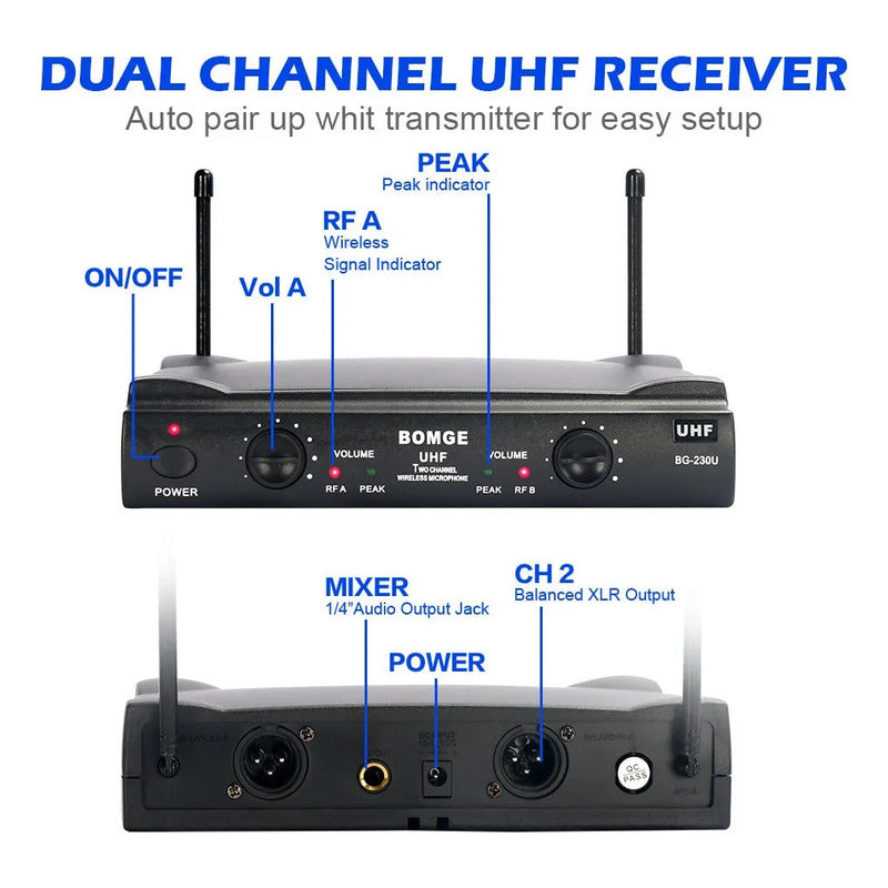 Bomge 2 Micrófonos Inalambricos Uhf Doble Canal 230u Negro
