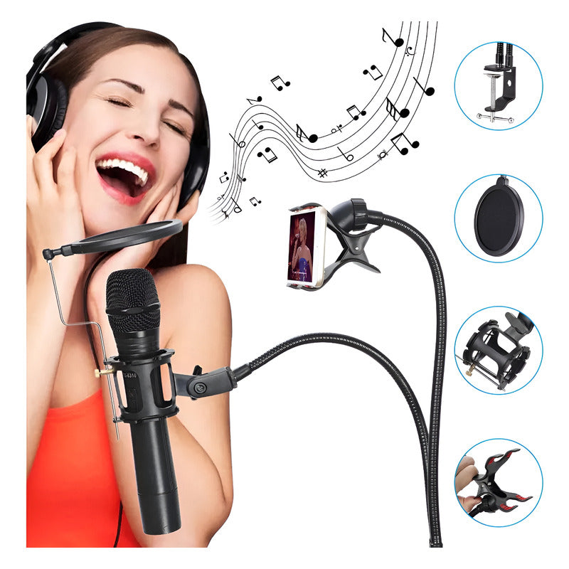 Soporte Flexible Pedestal Microfonos Celular Con Filtro Pop