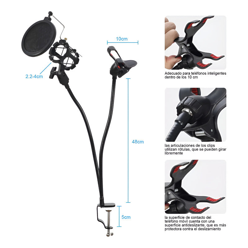 Soporte Flexible Pedestal Microfonos Celular Con Filtro Pop