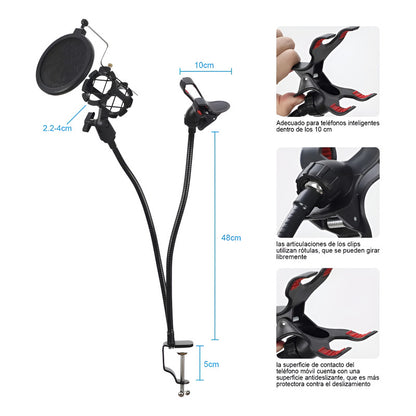 Soporte Flexible Pedestal Microfonos Celular Con Filtro Pop