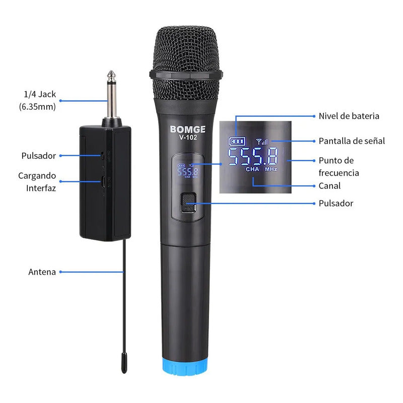 Bomge V102 Sistema De Micrófono Inalámbrico Con Receptor Vhf Negro
