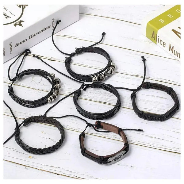 6pcs Pulsera Brazalete Cuero Hombre Mujer Trenzado Ajustable Negro 0 Mm 0 Mm