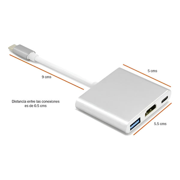 Adaptador Hub 3 En 1 Usb C A Hdmi 4k + Usb-c + Usb Cable Plateado