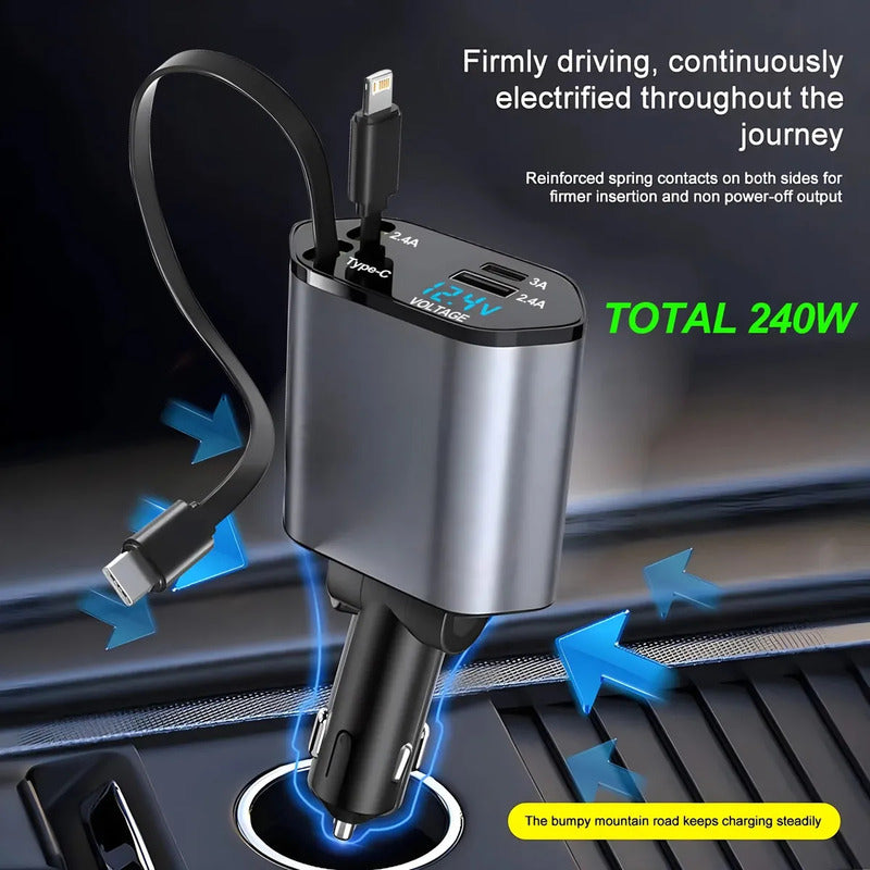 Cargador Auto 120w Usb De 2 Cables Retractil Carga Rapida Gris