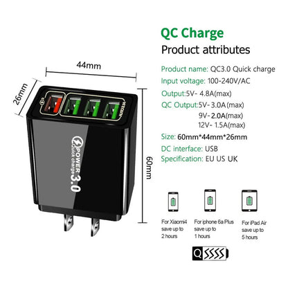 Cargador Carga Rapida Qc3.0 Turbo 4puertos Usb Enchufe 5-12v Negro