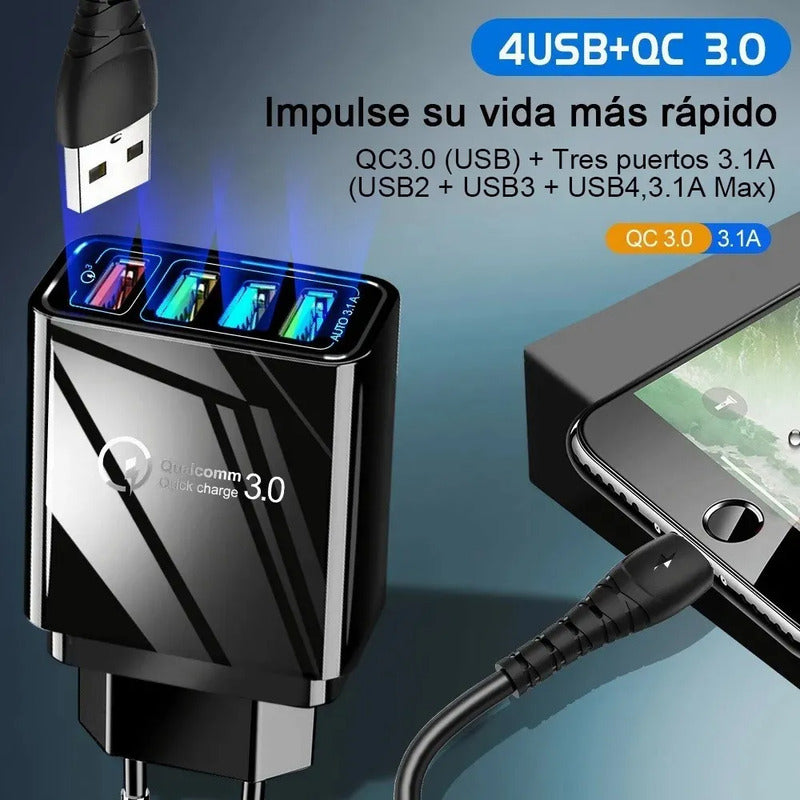 Cargador Carga Rapida Qc3.0 Turbo 4puertos Usb Enchufe 5-12v Negro