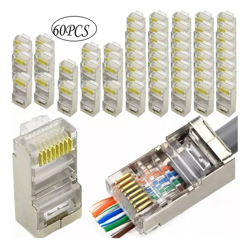 60 Conector Cat6 Ez Rj45 Metálico Blindado Terminal Red /uss