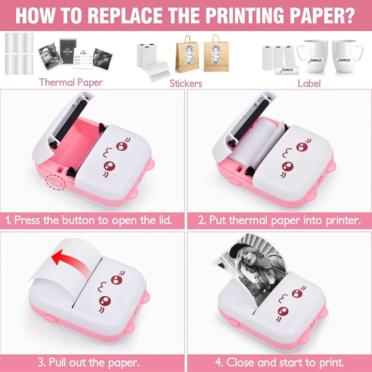 Mini Impresora Gatito Térmica Portátil - Rosa