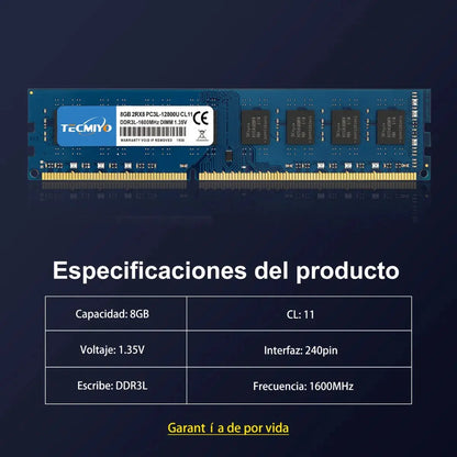 Memoria Ram Tecmiyo 8gb Ddr3l-1600 Udimm De 1.35v/1.5v