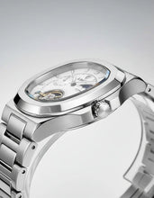 Cargar imagen en el visor de la galería, Reloj Automático Hombre Acero Inoxidable Fase Lunar Abierto Negro Plateado Blanco 
