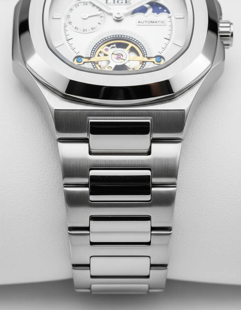 Reloj Automático Hombre Acero Inoxidable Fase Lunar Abierto Negro Plateado Blanco 