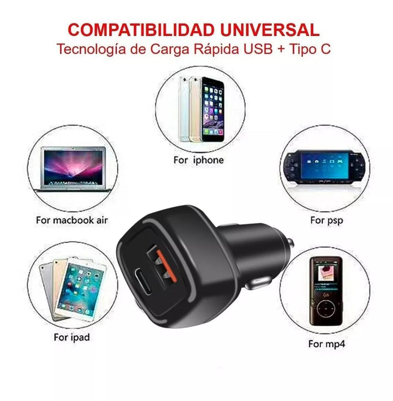 Cargador Rápido Auto Tipo C + Usb 18w Munditel